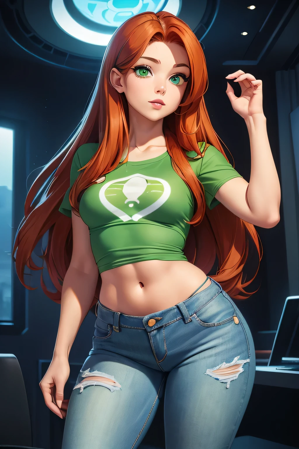 ((Solo)) ((Masterpiece)) ((High Quality)) ((Perfect Face)) ((Small Breasts)) ((Wide Hips)) ((Narrow Waist)) ((Beautiful)) ((Auburn Hair)) ((Long Hair)) ((Light Skin)) ((Cute Nose)) ((Green Eyes)) ((Young)) ((UFO Tee Shirt)) ((Jeans)) ((sci-fi Geek))