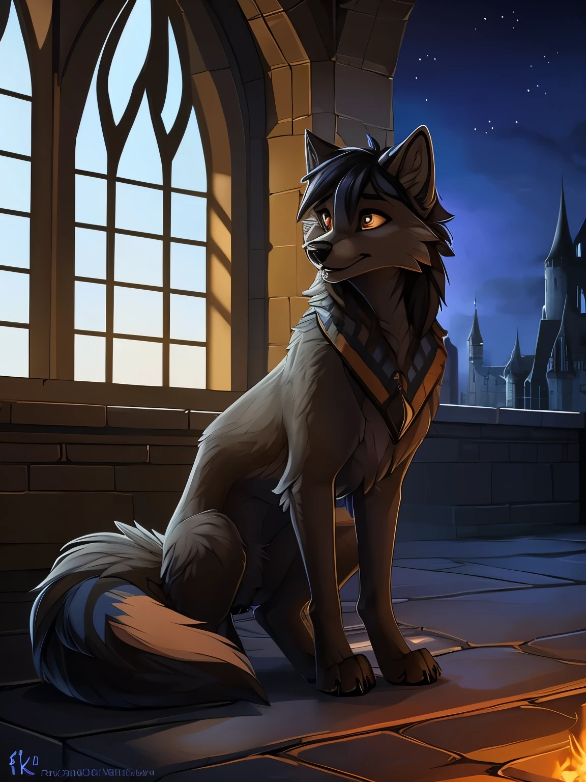 (by Hioshiru), by fluff-kevlar, (wolf:1.4), ((feral)), quadruped, 4k, detailed, intricate, (female), (masterpiece), best quality, (detailed eyes:1.4), NSFW, (hogsks), (photo-realistic), hogwarts, harry potter, (((ravenclaw))), uploaded on e621, digitigrade, girl, castle, light belly fur, (grey fur)), gold eyes, dark hair, (fluffy tail), skinny, slim build, long legs, canine paws, long ears, long snout, indoors, castle bedroom, night lighting, full body portrait, anatomically correct, anatomically correct dog pussy, dog pussy, canine vulva, dark vagina, caught naked pose, embarrassed expression