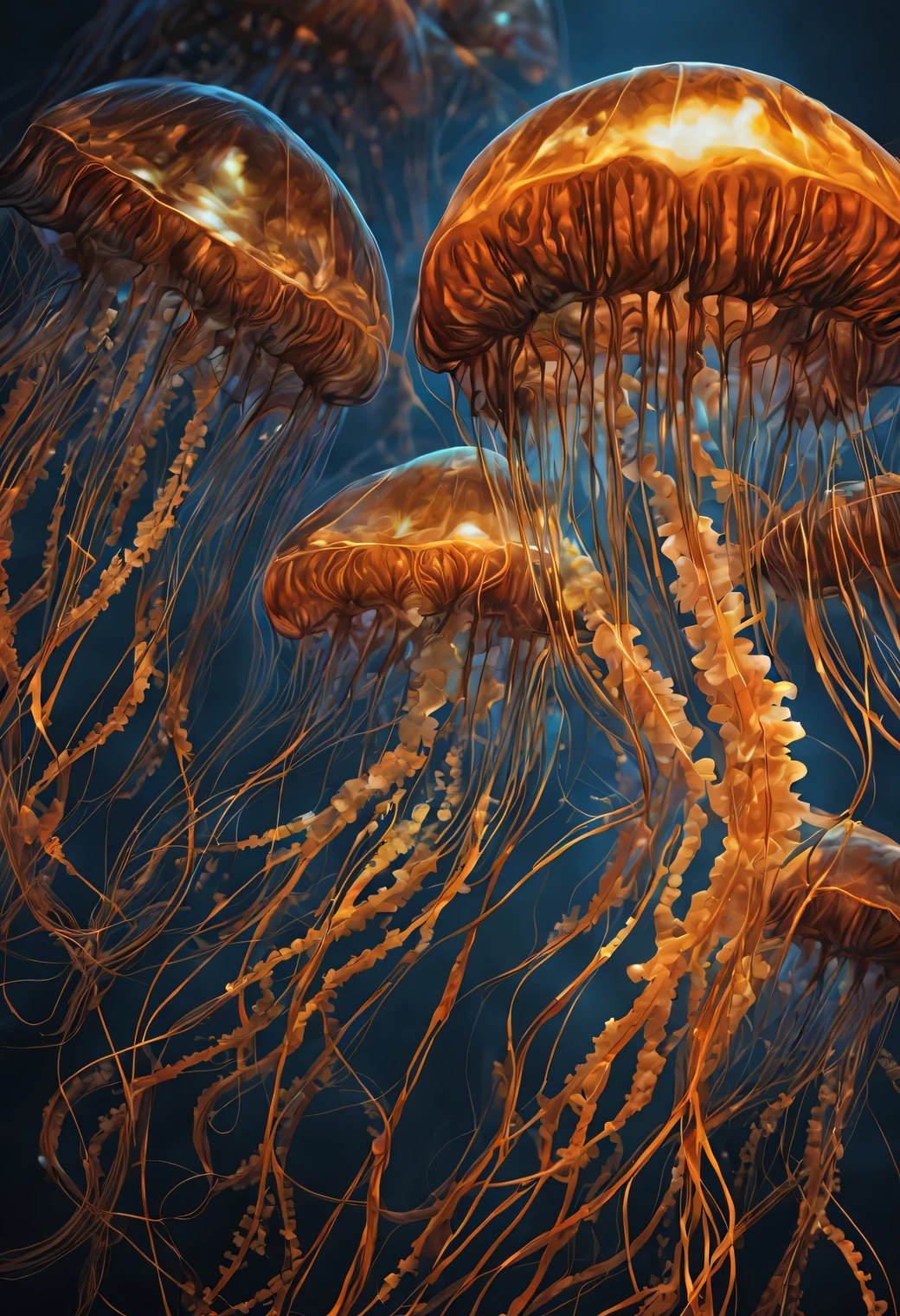 Neural network art, high-precision and clear image of a jellyfish from the world of neural networks, worlds of neural networks, neural network jellyfish, jellyfish from another world, a lot of details, very good work, shadows and glow, filigree craftsmanship, Beautiful image, Masterpiece, HIGH DETAIL 32k