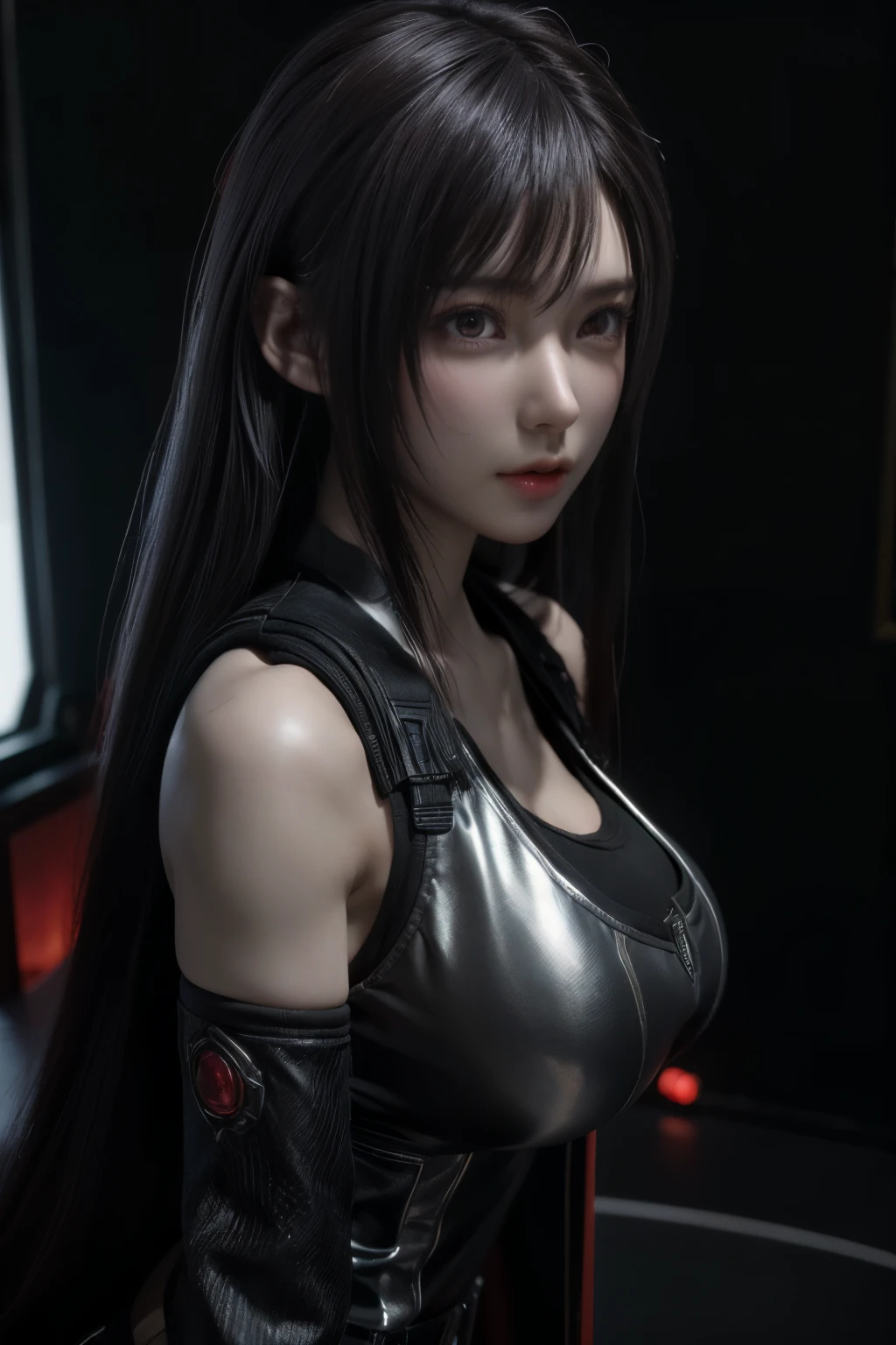 Masterpiece,Game art,The best picture quality,Highest resolution,8K,(A bust photograph),(Portrait),(Head close-up),(Rule of thirds),Unreal Engine 5 rendering works,(Digital Photography),
20 year old girl,Short hair details,With long bangs,The red eye makeup is very meticulous,(Short White Hair,Fiery red eyes),(Large, full breasts),
(A combat suit that combines fantasy and science fiction,Chinese ancient style clothing combined with sci-fi elements,Shoulder pads,Hollow design,The Devil's Crown,Metallic texture,Cloak),Valkyrie in the world of cyberpunk,Grey background,
Movie lights，Ray tracing，Game CG，((3D Unreal Engine))，oc render reflection texture