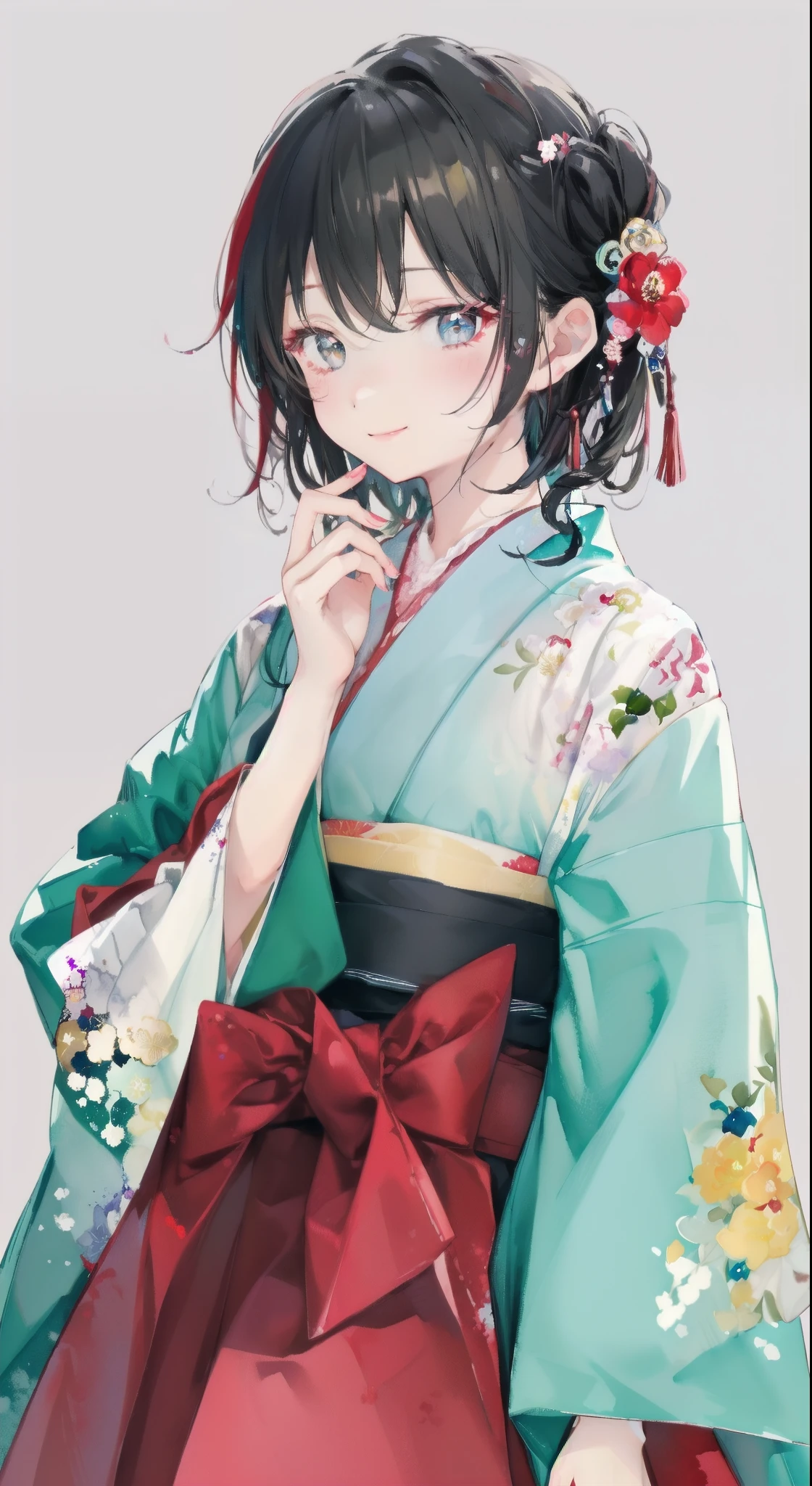 highest resolution、An illustration、1 girl、beautiful face、cute、white background、(watercolor:1.2)、2D、Upper body、Hakama、Her straight black hair is half-up.、red lipstick、smiling shyly、graduation ceremony、gray eyes、beautiful eyes