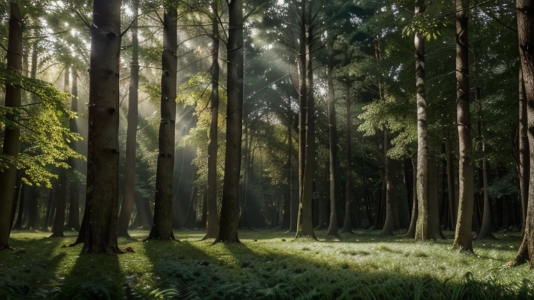 A mysterious and enchanted forest at dawn, Les premiers rayons du soleil se frayent un chemin à travers les arbres, creating a golden light that illuminates the leaves. Les oiseaux chantent doucement dans les branches, tandis que les écureuils se préparent à une journée active. Les fougères et les mousses tapissent le sol de la forêt, creating an emerald green carpet. Image au format 2560 x 1440 pixels.