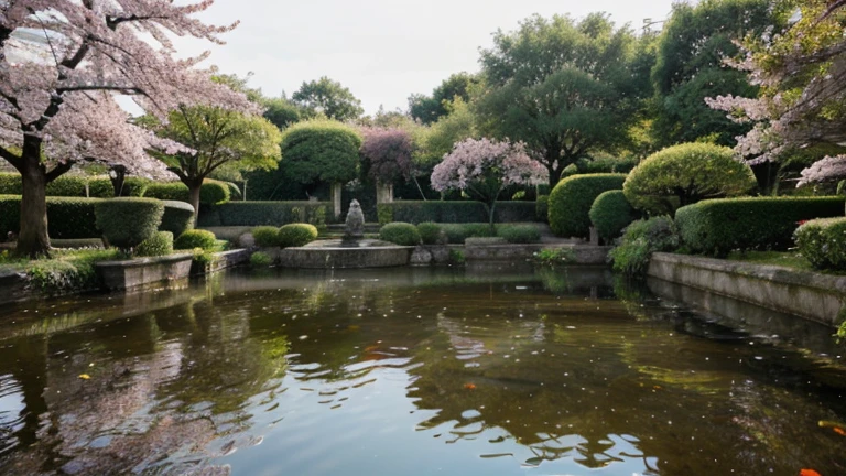 Un magnifique jardin japonais, Des cerisiers en fleurs bordent un étang paisible, where koi carp swim peacefully. Des lanternes en pierre et des statues de Bouddha sont dispersées dans le jardin, creating a serene and meditative atmosphere. Tree leaves reflected in water, creating a soothing mirror effect. Image au format 3840 x 2160 pixels