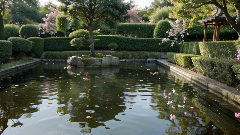 Un magnifique jardin japonais, Des cerisiers en fleurs bordent un étang paisible, where koi carp swim peacefully. Des lanternes en pierre et des statues de Bouddha sont dispersées dans le jardin, creating a serene and meditative atmosphere. Tree leaves reflected in water, creating a soothing mirror effect. Image au format 3840 x 2160 pixels