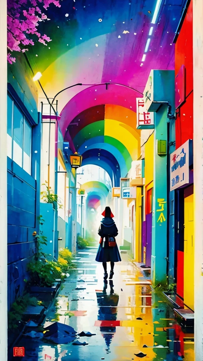 (masterpiece, best quality:1.2), Graffiti漫画，Graffiti, wall, whole picture, High resolution and high contrast,simple,knight，alone，Abstract surreal colors, popular geometric surrealism, rainbow colored dreams