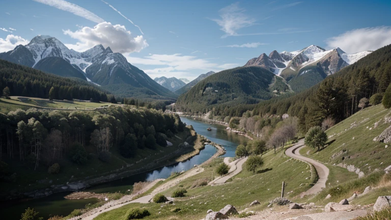 "Un paysage de montagne spectaculaire, Des sommets enneigés s'élèvent majestueusement vers le ciel, tandis que des vallées verdoyantes s'étendent à leurs pieds. A stream winds through the valley, creating a striking contrast between bare rock and lush vegetation. Clouds move slowly across the sky, creating constantly changing shadows on the landscape. Image au format 4096 x 2304 pixels."