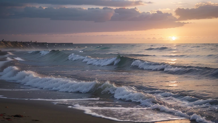 A sunrise on a deserted beach, Les couleurs du ciel changent rapidement, passant du violet au rose, then orange and red. Les vagues se brisent doucement sur le sable, creating a relaxing sound that blends with the song of seabirds. Les coquillages et les rochers érodés par la mer sont dispersés sur la plage, creating interesting shapes and varied textures. Image au format 3200 x 1800 pixels