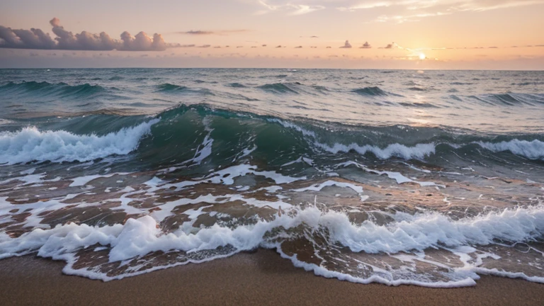 A sunrise on a deserted beach, Les couleurs du ciel changent rapidement, passant du violet au rose, then orange and red. Les vagues se brisent doucement sur le sable, creating a relaxing sound that blends with the song of seabirds. Les coquillages et les rochers érodés par la mer sont dispersés sur la plage, creating interesting shapes and varied textures. Image au format 3200 x 1800 pixels