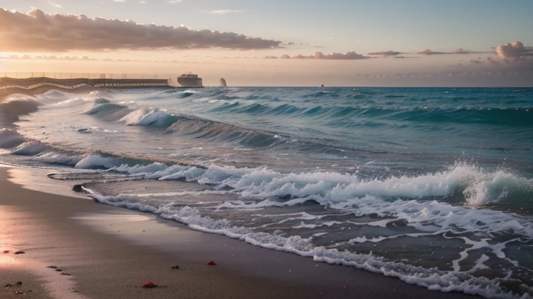 A sunrise on a deserted beach, Les couleurs du ciel changent rapidement, passant du violet au rose, then orange and red. Les vagues se brisent doucement sur le sable, creating a relaxing sound that blends with the song of seabirds. Les coquillages et les rochers érodés par la mer sont dispersés sur la plage, creating interesting shapes and varied textures. Image au format 3200 x 1800 pixels