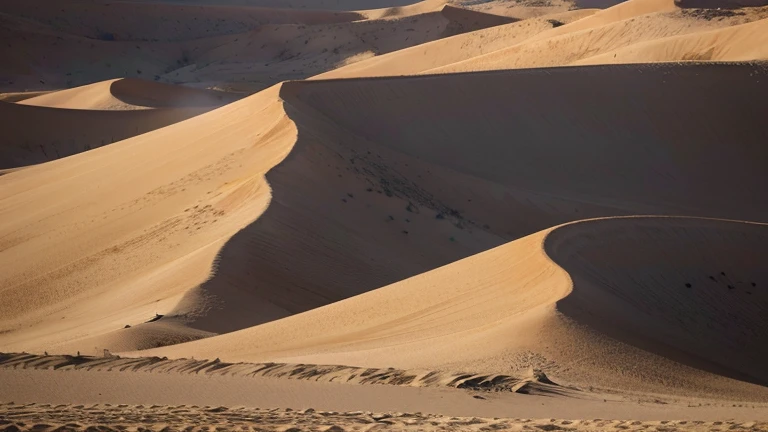 Un désert aride et sauvage, Sand dunes move slowly in the wind, creating ephemeral shapes and abstract patterns. Des cactus et des buissons épineux poussent dans les interstices des rochers, offrant de l'ombre et de la nourriture aux animaux qui y vivent. The sun shines brightly, creating long shadows and strong contrasts. Image au format 2560 x 1440 pixels.