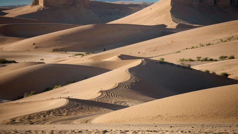 Un désert aride et sauvage, Sand dunes move slowly in the wind, creating ephemeral shapes and abstract patterns. Des cactus et des buissons épineux poussent dans les interstices des rochers, offrant de l'ombre et de la nourriture aux animaux qui y vivent. The sun shines brightly, creating long shadows and strong contrasts. Image au format 2560 x 1440 pixels.