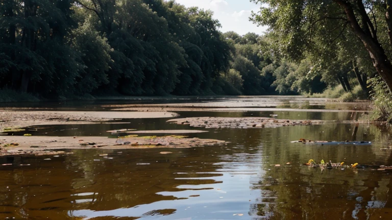 A mysterious and wet swamp, Des nénuphars et des iris bordent les berges, tandis que des libellules et des papillons volent au-dessus de l'eau. Des grenouilles et des tortues se cachent dans les roseaux, attendant la nuit pour sortir et chasser. Dead trees emerge from the water, creating strange shapes and interesting textures. Image au format 1920 x 1080 pixels.