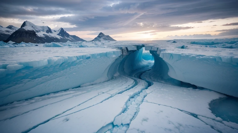 Un glacier majestueux et impressionnant, Blocks of blue ice are slowly breaking away from the glacier, creating abstract shapes and unique textures. The crevasses and seracs offer interesting perspectives, while the reflections of the sky in the water create amazing colors. Les cris des oiseaux de mer se mélangent au bruit de la glace qui se brise. Image au format 4096 x 2304 pixels.