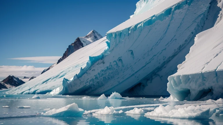 Un glacier majestueux et impressionnant, Blocks of blue ice are slowly breaking away from the glacier, creating abstract shapes and unique textures. The crevasses and seracs offer interesting perspectives, while the reflections of the sky in the water create amazing colors. Les cris des oiseaux de mer se mélangent au bruit de la glace qui se brise. Image au format 4096 x 2304 pixels.