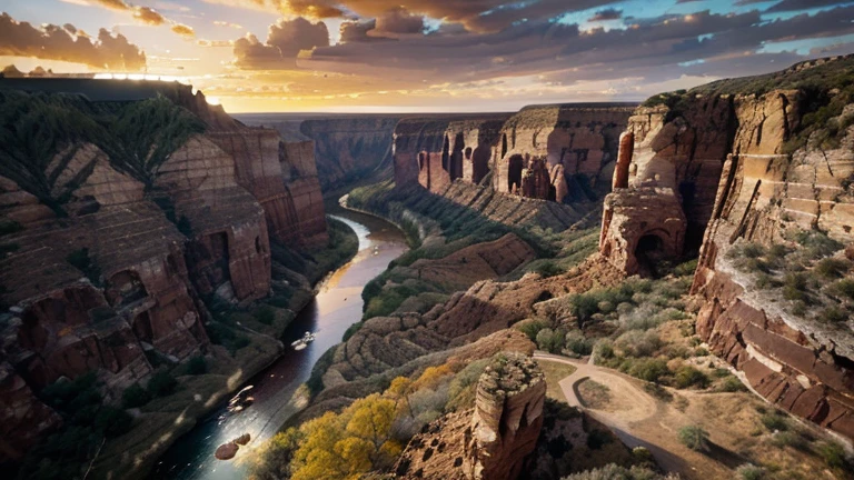 Un canyon profond et spectaculaire, Red and ocher cliffs rise on either side of a winding river. Rock strata offer interesting shapes and textures, while birds of prey soar through the sky in search of their next meal. The colors of the sunset are reflected in the water, creating amazing reflections. Image au format 3840 x 2160 pixels.