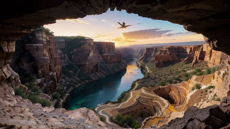 Un canyon profond et spectaculaire, Red and ocher cliffs rise on either side of a winding river. Rock strata offer interesting shapes and textures, while birds of prey soar through the sky in search of their next meal. The colors of the sunset are reflected in the water, creating amazing reflections. Image au format 3840 x 2160 pixels.