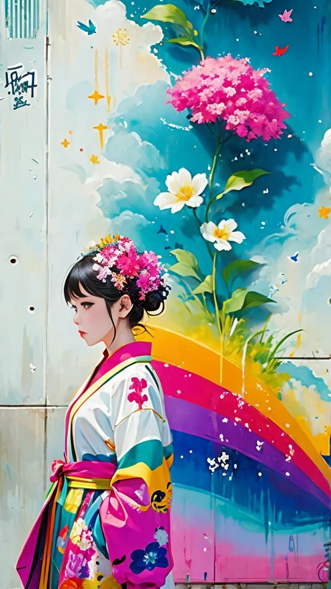 (masterpiece, best quality:1.2), Graffiti漫画，Graffiti, wall, whole picture, High resolution and high contrast,simple,girl，alone，Abstract surreal colors, popular geometric surrealism, rainbow colored dreams