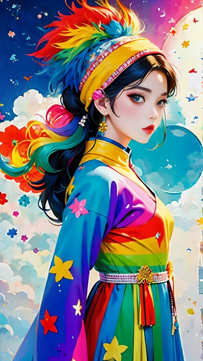 (masterpiece, best quality:1.2), Graffiti漫画，Graffiti, wall, whole picture, High resolution and high contrast,simple,girl，alone，Abstract surreal colors, popular geometric surrealism, rainbow colored dreams