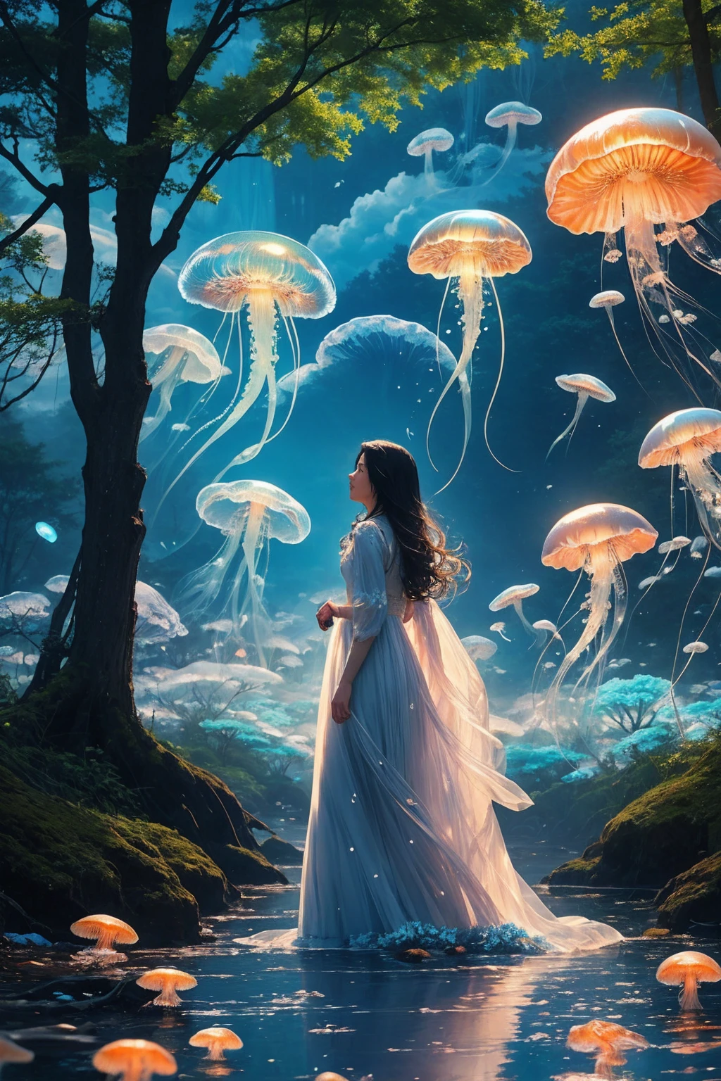 ((blue jellyfish)), jellyfishforest,  1girl, cute, small, long hair, dress, solo, black hair, mushroom, nature, white dress, outdoors, tree, walking, forest, water, clouds, sky
