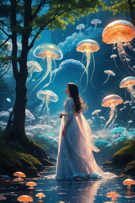 ((blue jellyfish)), jellyfishforest,  1girl, cute, small, long hair, dress, solo, black hair, mushroom, nature, white dress, out...