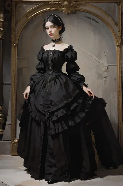classical painting, portrait in the Victorian era, in a black dress, a strict Victorian style dress, (Victorian dinner dress: 1.3), the dress has a stand-up collar, a young girl 25 years old, pale skin, slender, monochrome image, with an accent color, on n...