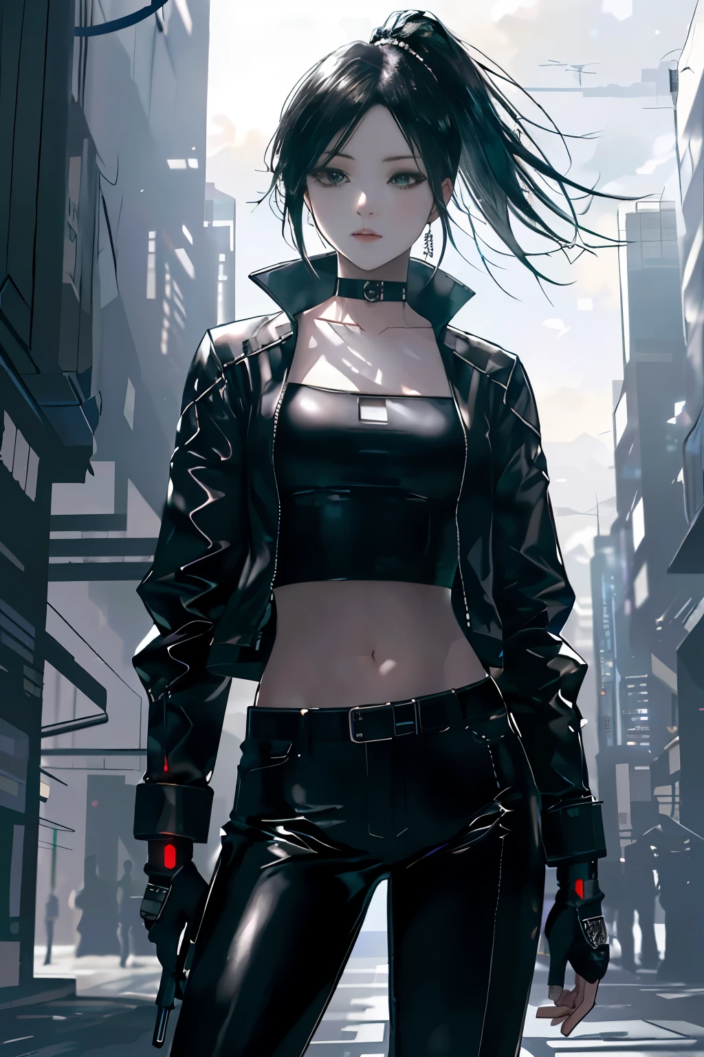 (masterpiece, best quality, 8k, sharp focus, depth of field, Best shadows, perfect lighting, high dynamic range, Realistic skin texture, Super detailed background), anime style, long angle shot, ((Cyberpunk theme)), alone, 1 female, she is a mercenary, (green eyes, White skin, Black hair ponytail, collar, small breasts, Slim, cosmetics, Eyeliner, Gloss), She is working in a futuristic Korean city, Grip the technical katana, night, Sky, waning moon, Wearing a nice technical jacket and leather pants.