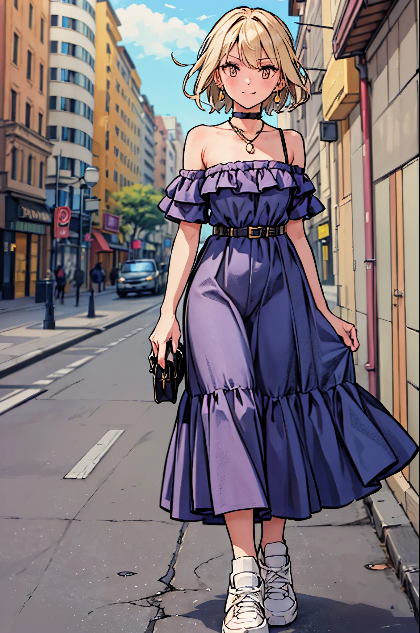 Anime girl in purple dress walking down the street in front of a building -  SeaArt AI