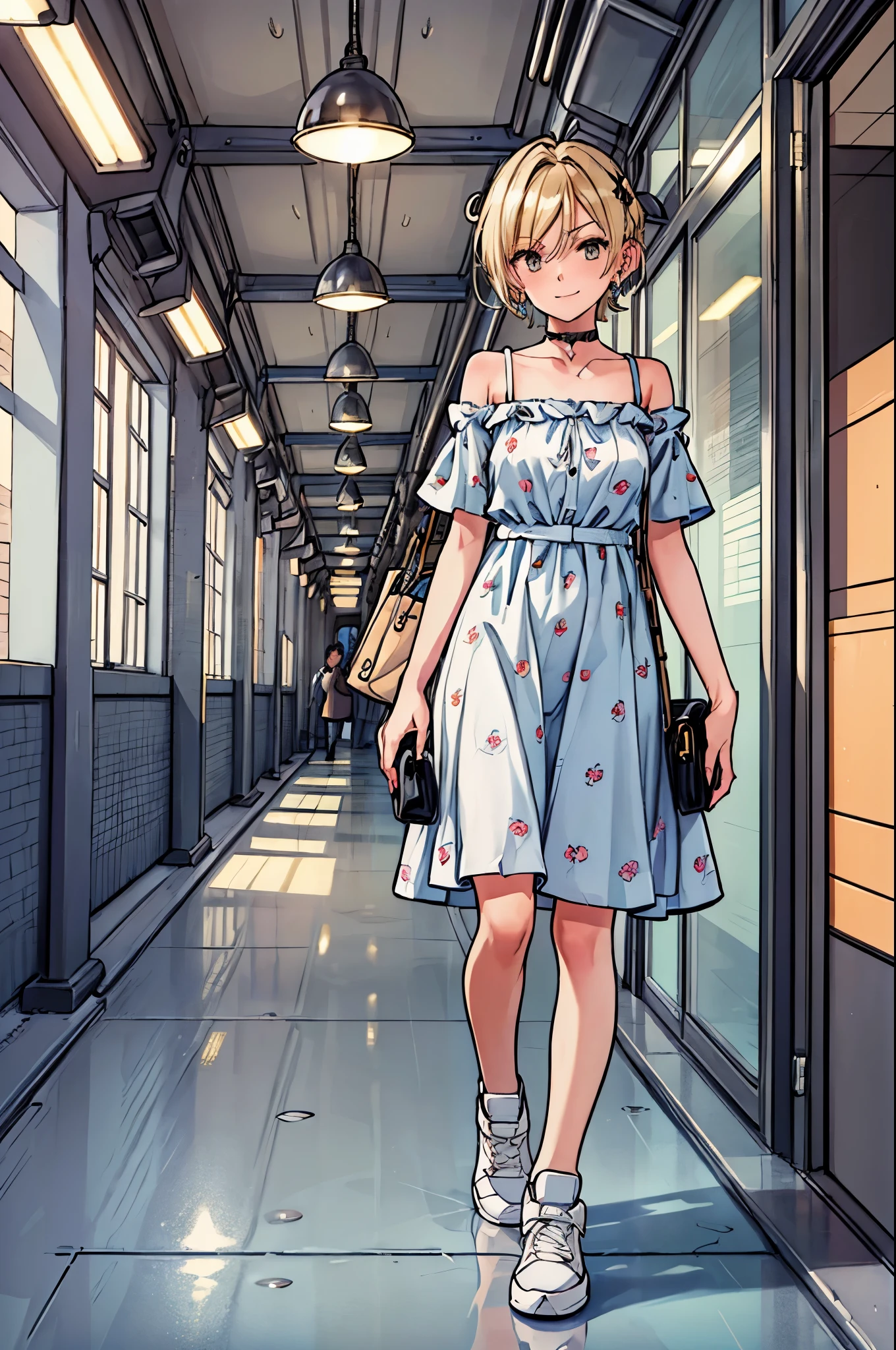 Anime girl in a blue dress walking down a hallway - SeaArt AI