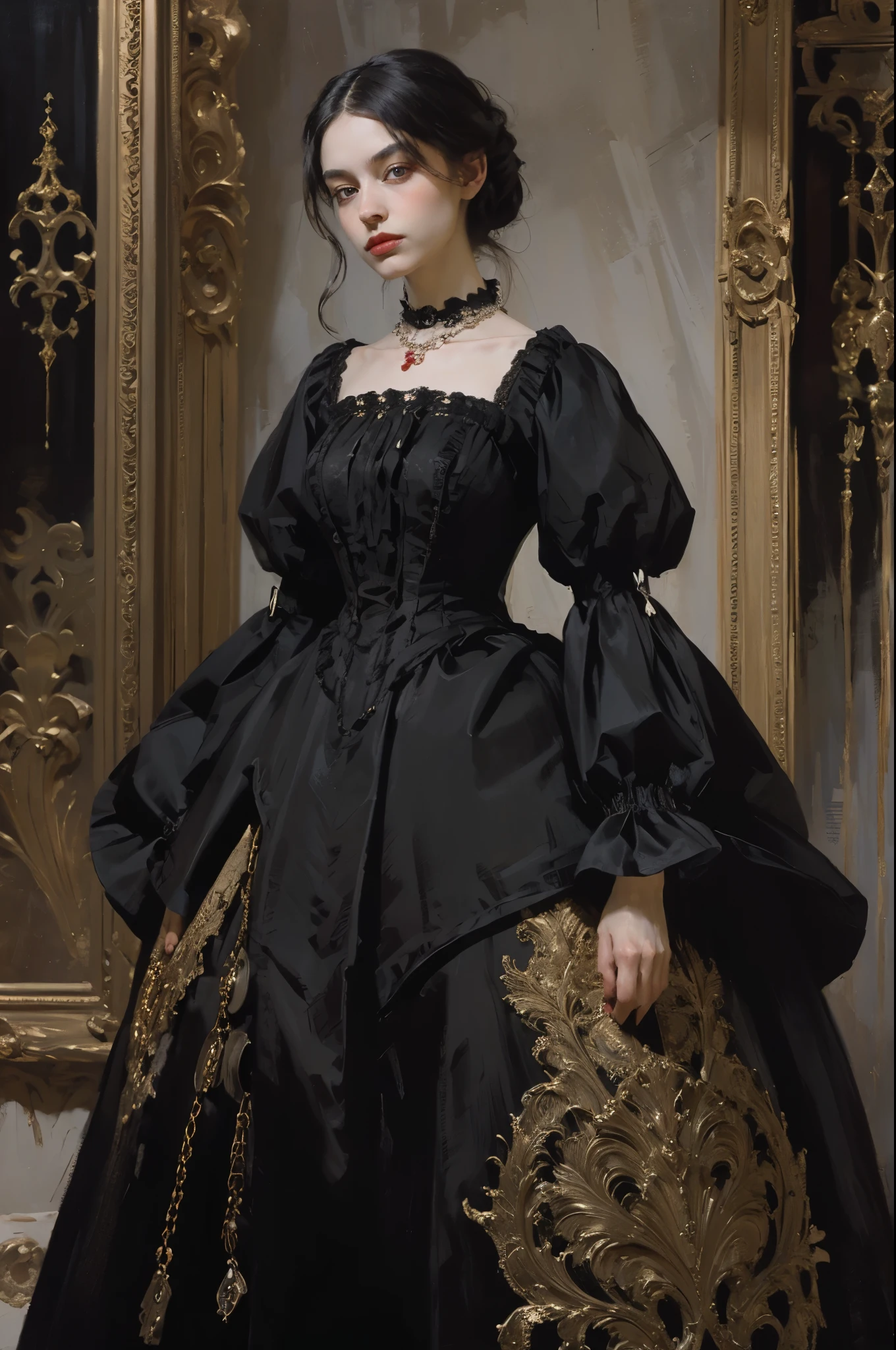 klassische Malerei, ((Porträt: 1.3)), ein Mädchen in einem schwarzen Kleid, ein formelles Kleid im viktorianischen Stil, (Viktorianisches Abendkleid: 1.3), das Kleid hat einen Stehkragen, ein junges Mädchen 25 Jahre alt, blasse Haut, slender, Monochromes Bild mit Akzentfarbe, rote Rubin Halskette,