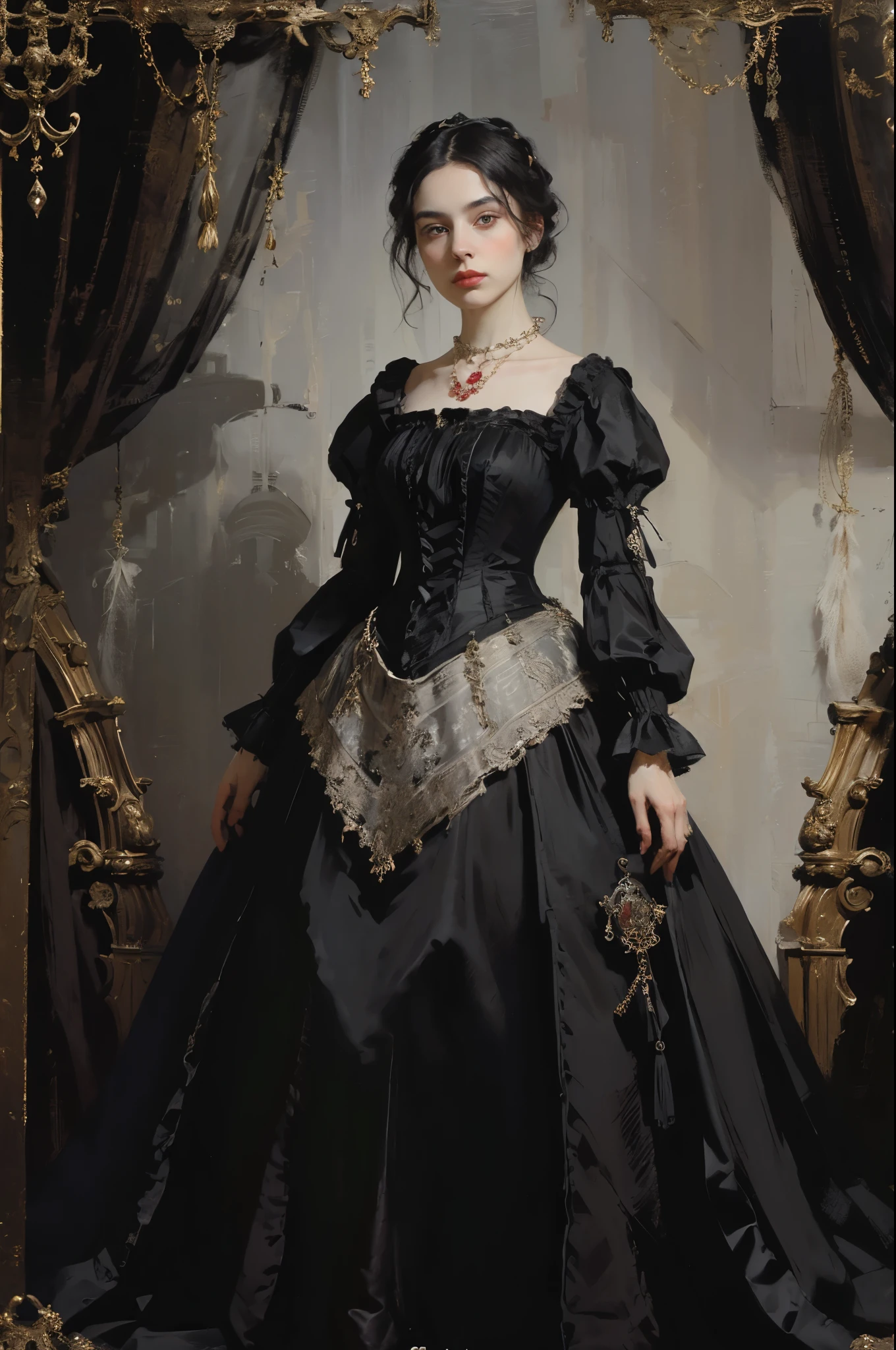 古典絵画, ((肖像画: 1.3)), 黒いドレスを着た女の子, ビクトリア朝様式のフォーマルドレス, (ビクトリア朝のイブニングドレス: 1.3), このドレスはスタンドカラーである, 25歳の若い女の子, 青白い肌, 細い, アクセントカラー付きのモノクロ画像, レッドルビーネックレス,