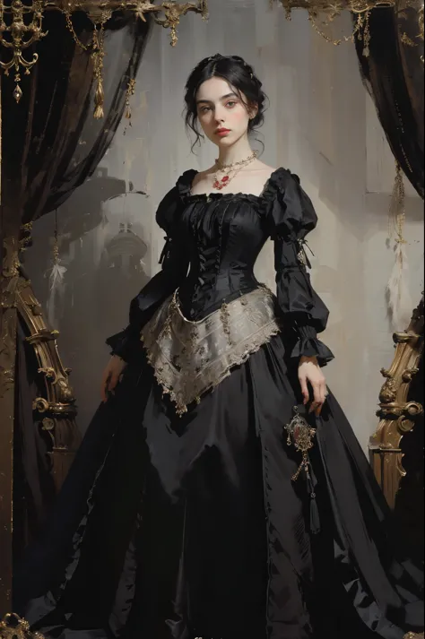 classical painting, ((PORTRAIT: 1.3)), a girl in a black dress, a formal dress of the Victorian style, (Victorian evening dress:...