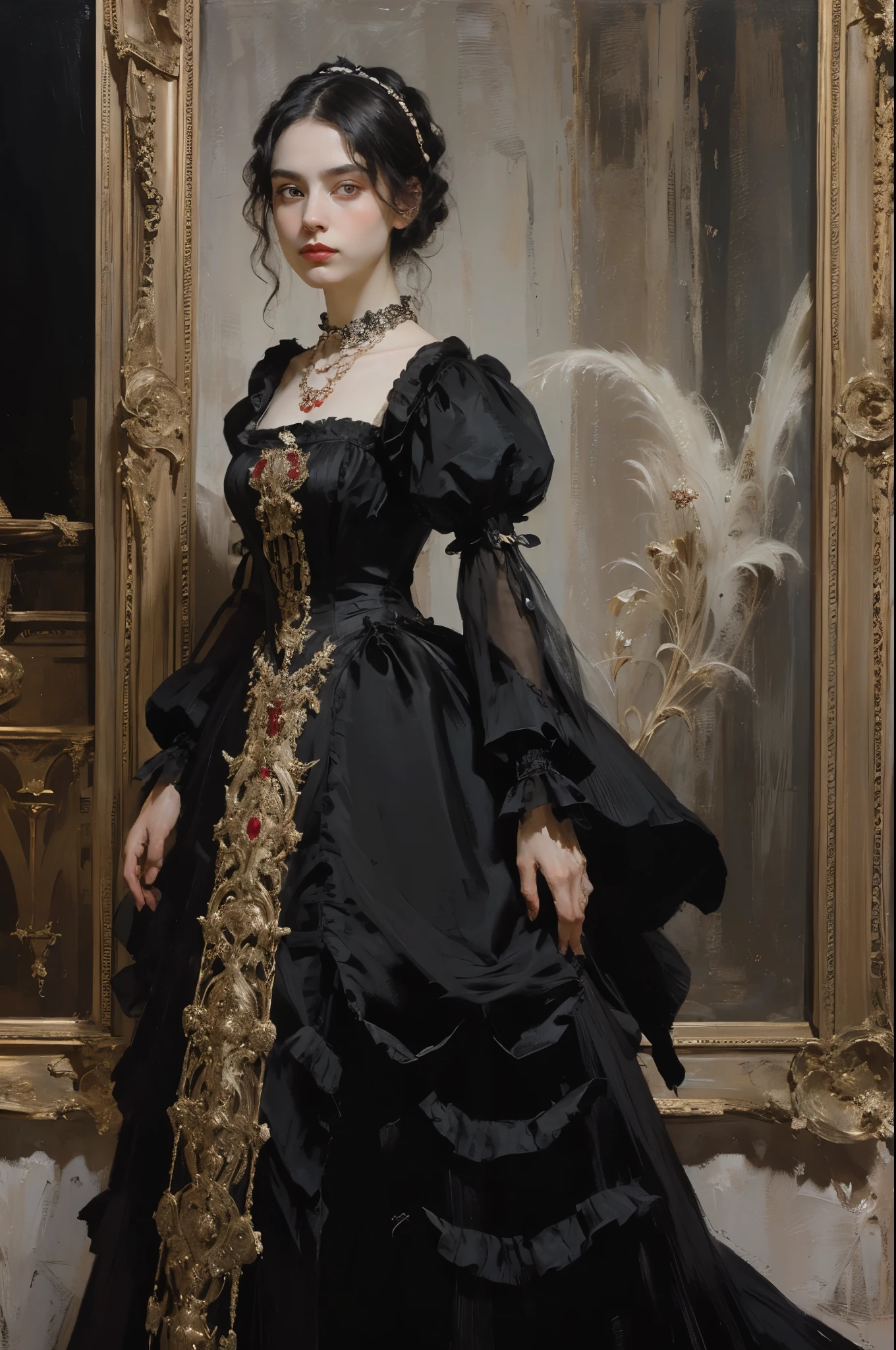 классическая живопись, ((Портрет: 1.3)), девушка в черном платье, официальное платье викторианского стиля, (Викторианское вечернее платье: 1.3), у платья есть воротник-стойка, молодая девушка 25 лет, бледная кожа, стройный, монохромное изображение с акцентным цветом, красное рубиновое ожерелье,
