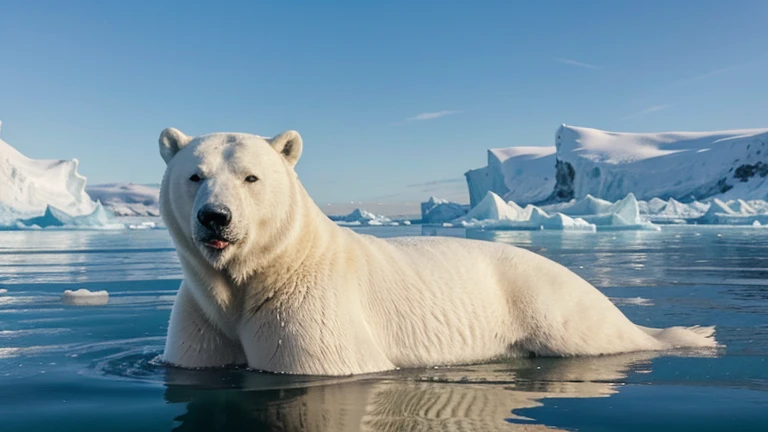 A polar bear relaxing on the ice floe, The iconic animal of the Arctic rests on a block of ice, surrounded by a sparkling sea of ice. The sun&#39;s rays reflect in his eyes, creating blue and white highlights. Les otaries et les phoques nagent dans l'eau glacée, offrant des opportunités de chasse pour l'ours. Image au format 2560 x 1440 pixels.