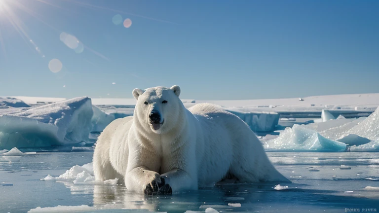 A polar bear relaxing on the ice floe, The iconic animal of the Arctic rests on a block of ice, surrounded by a sparkling sea of ice. The sun&#39;s rays reflect in his eyes, creating blue and white highlights. Les otaries et les phoques nagent dans l'eau glacée, offrant des opportunités de chasse pour l'ours. Image au format 2560 x 1440 pixels.