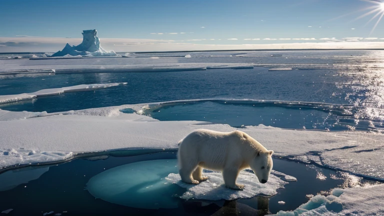 A polar bear relaxing on the ice floe, The iconic animal of the Arctic rests on a block of ice, surrounded by a sparkling sea of ice. The sun&#39;s rays reflect in his eyes, creating blue and white highlights. Les otaries et les phoques nagent dans l'eau glacée, offrant des opportunités de chasse pour l'ours. Image au format 2560 x 1440 pixels.