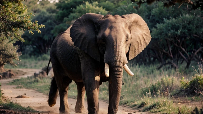 An African elephant in the bush, The largest land mammal strolls leisurely through the African bush, looking for food and water. Tree leaves and branches provide interesting shapes and textures, tandis que les oiseaux chantent dans les branches. The colors of dusk are reflected on the rough skin of the elephant, creating pink and orange highlights. Image au format 4096 x 2304 pixels.