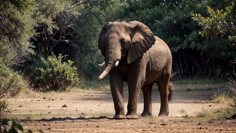 An African elephant in the bush, The largest land mammal strolls leisurely through the African bush, looking for food and water. Tree leaves and branches provide interesting shapes and textures, tandis que les oiseaux chantent dans les branches. The colors of dusk are reflected on the rough skin of the elephant, creating pink and orange highlights. Image au format 4096 x 2304 pixels.