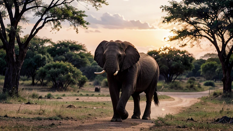 An African elephant in the bush, The largest land mammal strolls leisurely through the African bush, looking for food and water. Tree leaves and branches provide interesting shapes and textures, tandis que les oiseaux chantent dans les branches. The colors of dusk are reflected on the rough skin of the elephant, creating pink and orange highlights. Image au format 4096 x 2304 pixels.