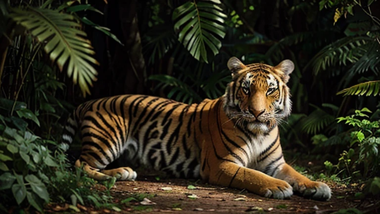 Un tigre du Bengale se cachant dans la jungle, Le plus grand tigre du monde se cache dans les hautes herbes de la jungle indienne, attendant sa prochaine proie. The animal&#39;s stripes provide abstract shapes and interesting textures, while the leaves of the trees create shadows and lights on his fur. Tiger&#39;s eyes glow in the dark, creating a mysterious atmosphere. Image au format 3840 x 2160 pixels.