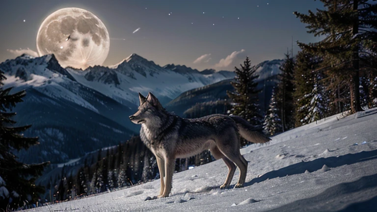 A gray wolf howling at the full moon, The gray wolf is an emblematic animal of the forests and mountains of North America. Il hurle à la lune pour communiquer avec sa meute, creating a magical and mystical atmosphere. The stars twinkle in the night sky, creating reflections in the wolf&#39;s eyes. Image au format 2560 x 1440 pixels.