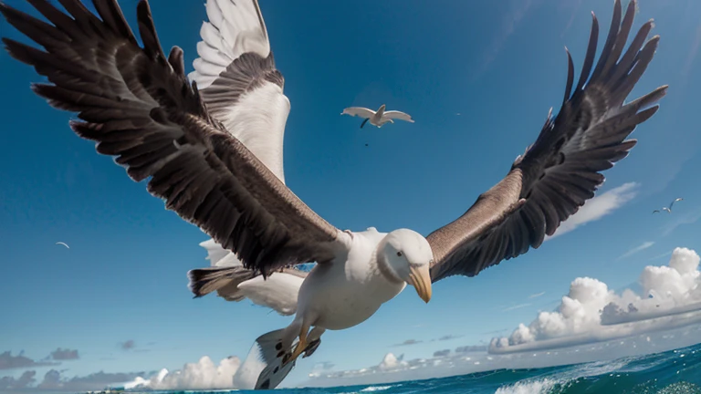 Un albatros royal planant dans le ciel, L'albatros royal est l'un des plus grands oiseaux du monde, capable of traveling thousands of kilometers in flight. He hovers above the ocean, looking for food for her babies. Ocean waves crash below, creating abstract shapes and interesting textures. Image au format 4096 x 2304 pixels.