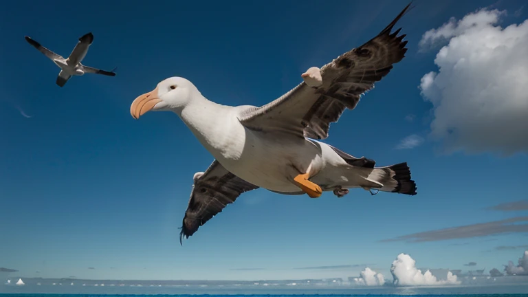 Un albatros royal planant dans le ciel, L'albatros royal est l'un des plus grands oiseaux du monde, capable of traveling thousands of kilometers in flight. He hovers above the ocean, looking for food for her babies. Ocean waves crash below, creating abstract shapes and interesting textures. Image au format 4096 x 2304 pixels.