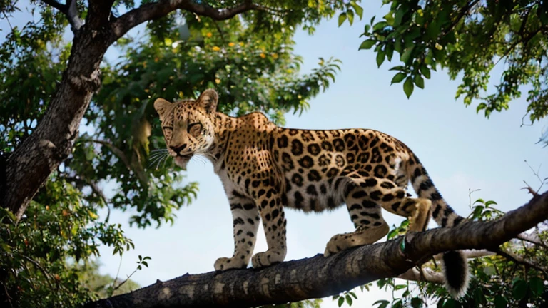 A leopard resting on a tree branch, Le léopard est un animal majestueux et élégant, able to climb trees with agility. Il se repose sur une branche, regardant tranquillement dans la savane africaine. Tree leaves offer interesting shapes and textures, tandis que les oiseaux chantent dans les branches. The colors of dusk are reflected in the leopard&#39;s eyes, creating golden highlights. Image au format 3840 x 2160 pixels.