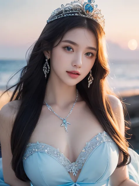 1 girl，Long flowing hair，blue wedding dress，With necklace，wearing a crown，seaside，exquisite eyes，There is light on the face，Exquisite details，wear earrings，CG，Breaking through the sky，illustration，sexy pose，Finger details are exquisite，beautiful，8k wallpap...