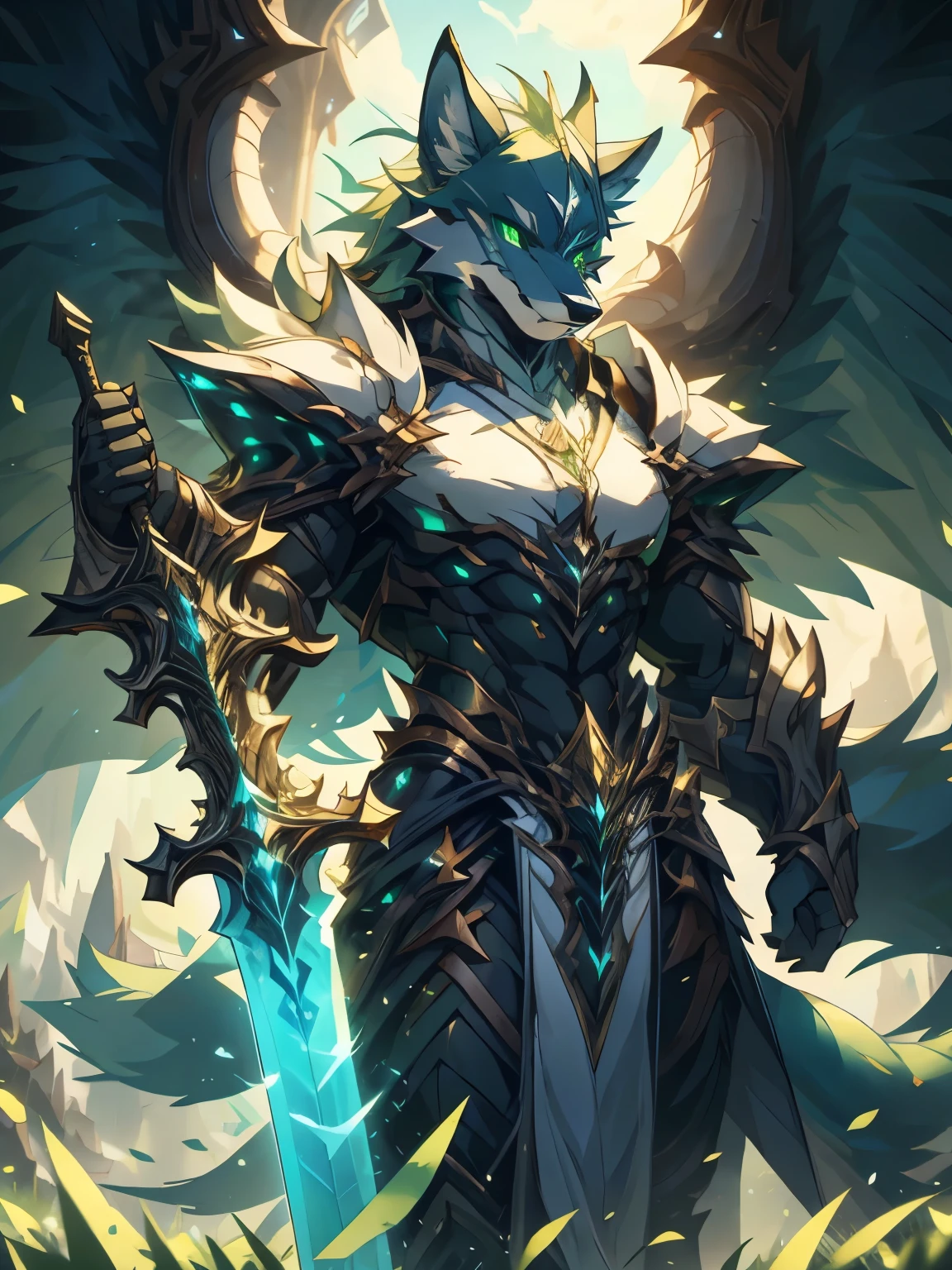 male, furry, Wolf anthro, solo, white fur, green eyes, (Realistic eye details 1.2), V0id3nergy, green great sword, Masterpiece, dramatic lighting, soft lighting, day, highly detail, Hair coiled, epic fantasy art style, epic fantasy digital art style, anatomically correct, accurate, UHD, 1080P