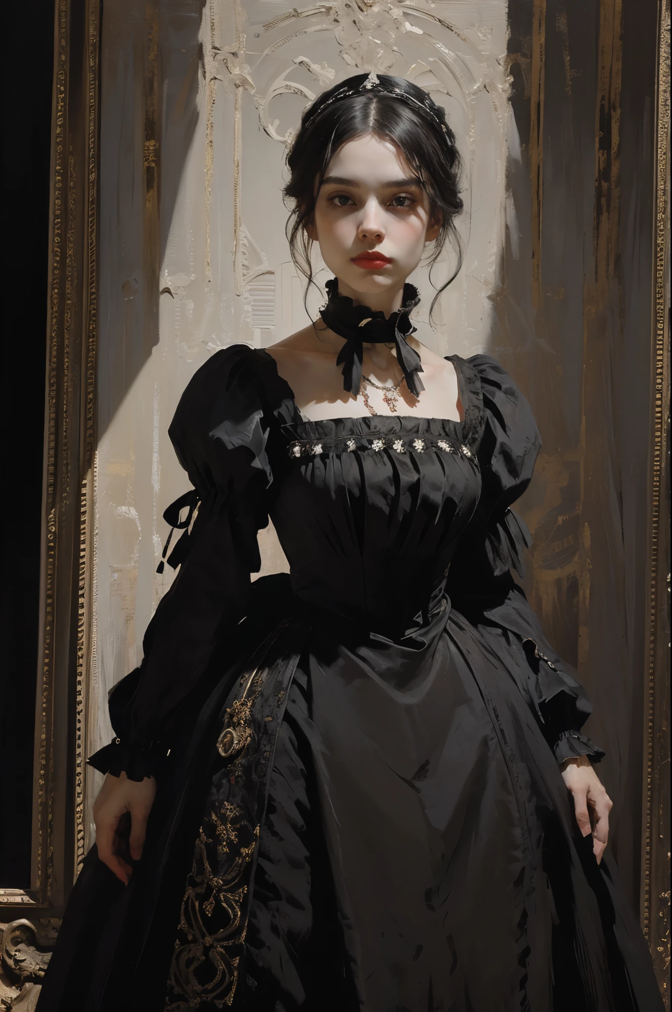 классическая живопись, ((Портрет: 1.3)), девушка в черном платье, официальное платье викторианского стиля, (Викторианское вечернее платье: 1.3), у платья есть воротник-стойка, молодая девушка 25 лет, бледная кожа, стройный, монохромное изображение с акцентным цветом, красное рубиновое ожерелье,
