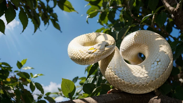 An albino snake lounging on a branch, Le serpent albinos est un animal rare et magnifique, avec sa peau blanche et ses yeux rouges. Il se repose sur une branche, profitant du soleil. Tree leaves offer interesting shapes and textures, tandis que les oiseaux chantent dans les branches. The sun&#39;s rays create golden reflections on the snake&#39;s skin. Image au format 3840 x 2160 pixels