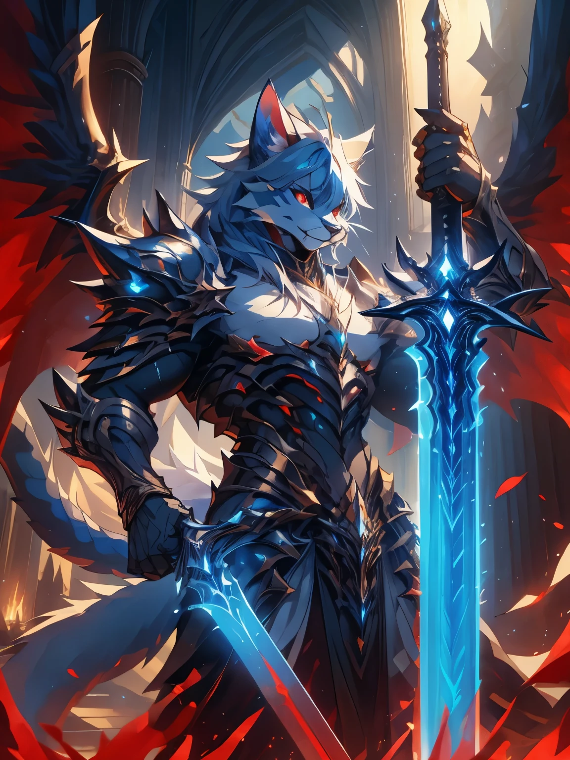 male, furry, cat anthro, solo, white fur, red eyes, (Realistic eye details 1.2), V0id3nergy, blue great sword, Masterpiece, dramatic lighting, soft lighting, day, highly detail, Hair coiled, epic fantasy art style, epic fantasy digital art style, anatomically correct, accurate, UHD, 1080P