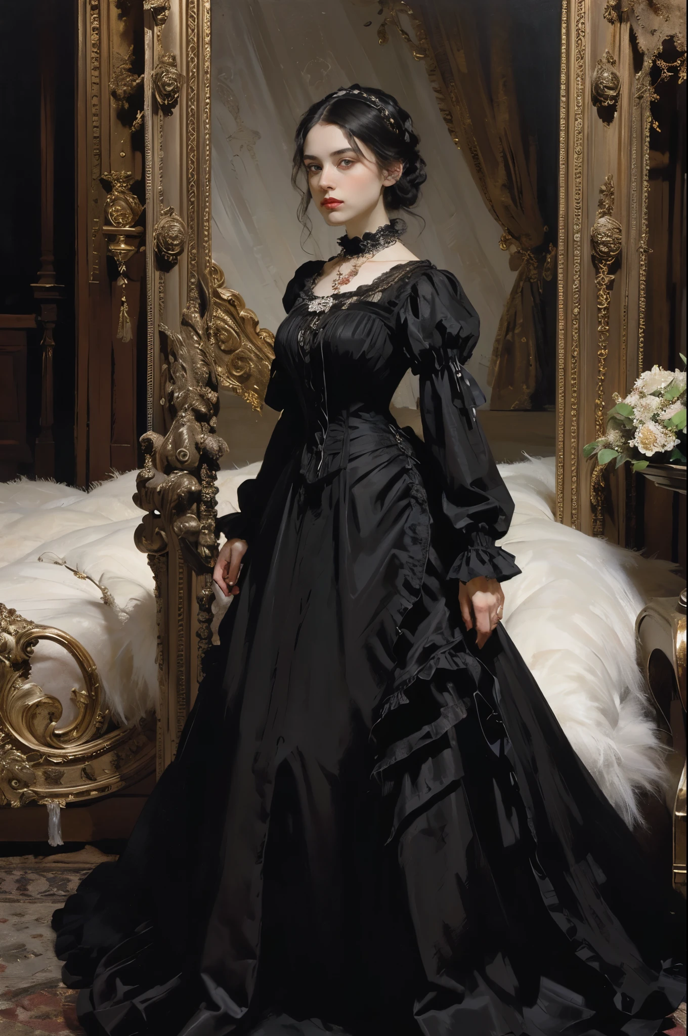 klassische Malerei, ((Porträt: 1.3)), ein Mädchen in einem schwarzen Kleid, ein formelles Kleid im viktorianischen Stil, (Viktorianisches Abendkleid: 1.3), das Kleid hat einen Stehkragen, ein junges Mädchen 25 Jahre alt, blasse Haut, slender, Monochromes Bild mit Akzentfarbe, rote Rubin Halskette,