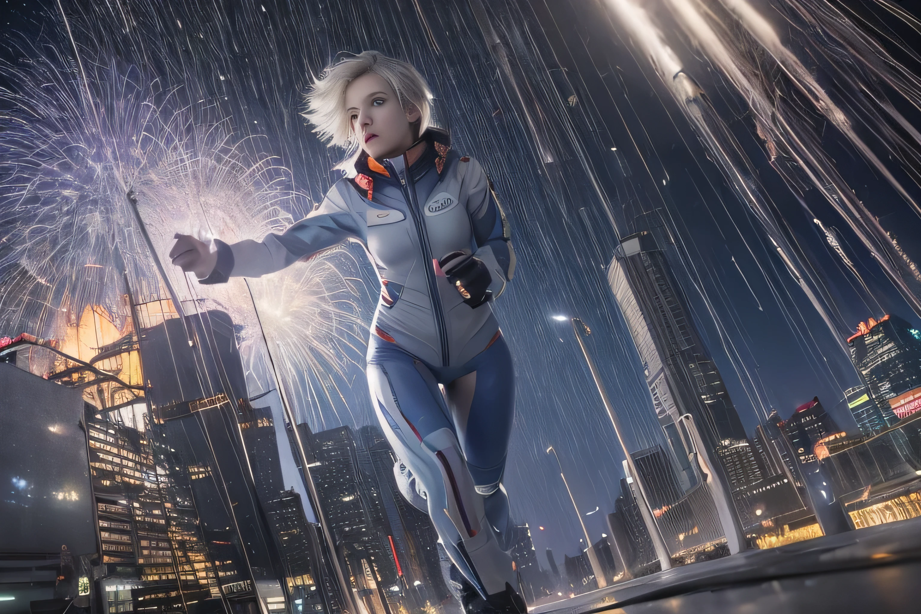 RAW image quality, best image quality, movie lighting, octane rendering, super sharp, 1 girl, Japanese, 16 years old, troubled face, glowing skin, fugitive, (running figure:1.4), silver hair, short bob hair, Full body white pilot suit:1.3, cyber punk, Night sky with countless stars shining, shining milky way, rain:1.3, Remains, laser beam attack, big explosion:1.3, pillar of fire:1.2, A city engulfed in flames, wet hair:1.5, wet skin:1.5, puddle, fine eyes, Fine skin texture, camel toe, Detailed CG image quality, 8mm fisheye lens, Angle looking up from below:1.2, (whole body angle), Full body soaked, fast shutter speed,